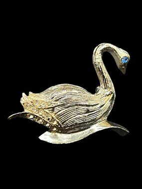 Vintage Midcentury Gold Swan Rhinestone Brooch
